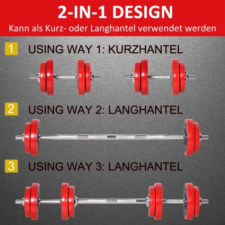 Reguleeritav 2-ühes hantli- ja kangikomplekt 20/30 kg, punane-must