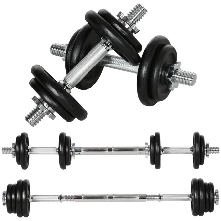2-ühes hantel ja kang, 20 kg, 8 raskusketast, must