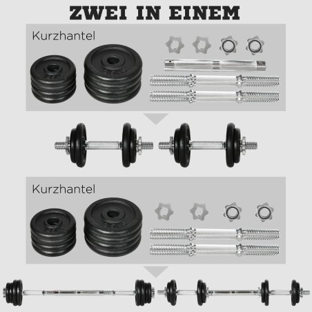2-ühes hantel ja kang, 20 kg, 8 raskusketast, must