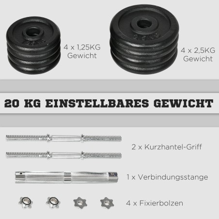 2-ühes hantel ja kang, 20 kg, 8 raskusketast, must