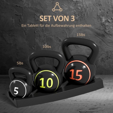 Kettlebell-komplekt, 3 raskust: 2,2 kg, 4,5 kg ja 6,8 kg, must
