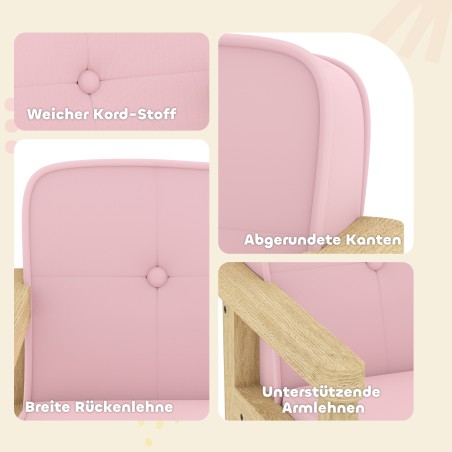 Laste tugitool velvetse välimuse ja puidust jalgadega, roosa
