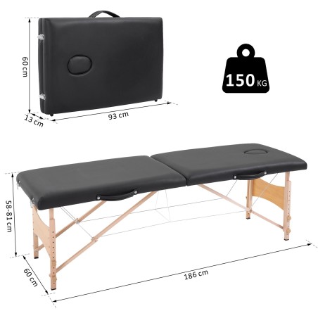 Kokkupandav 2-osaline massaažilaud, reguleeritava kõrguse ja kandekotiga, must, 60 cm