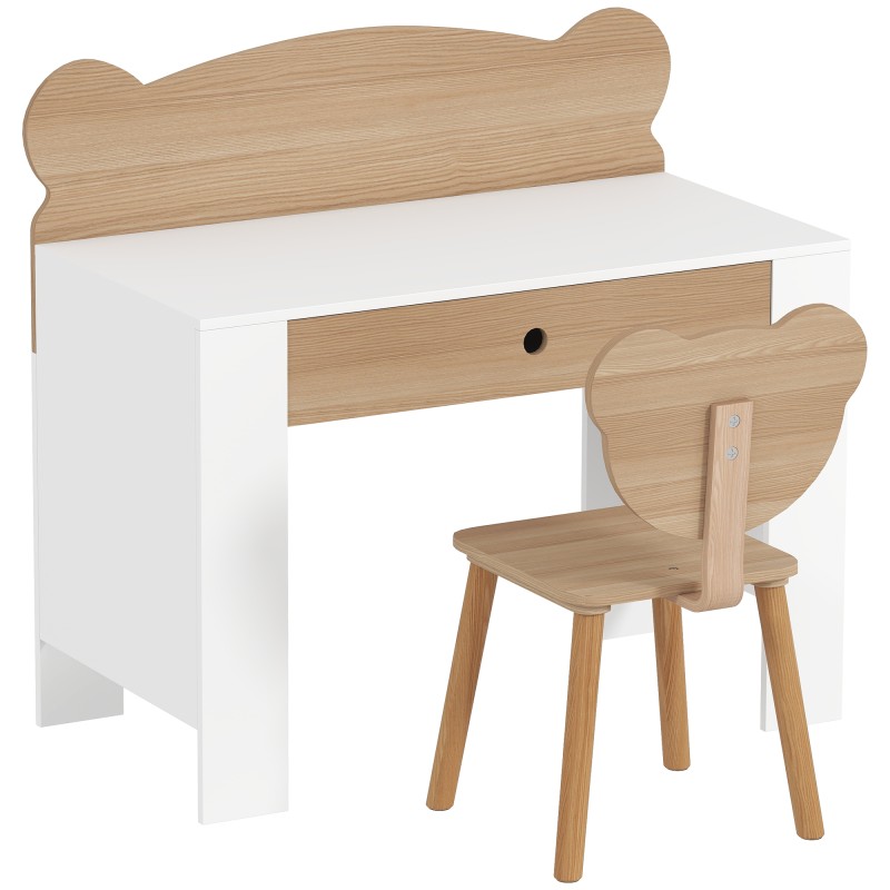 Laste lauakomplekt karukujulise laua ja tooliga, sahtel, naturaalne puit, 3–8 aastat