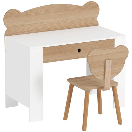 Laste lauakomplekt karukujulise laua ja tooliga, sahtel, naturaalne puit, 3–8 aastat