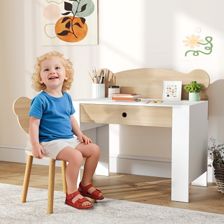 Laste lauakomplekt karukujulise laua ja tooliga, sahtel, naturaalne puit, 3–8 aastat