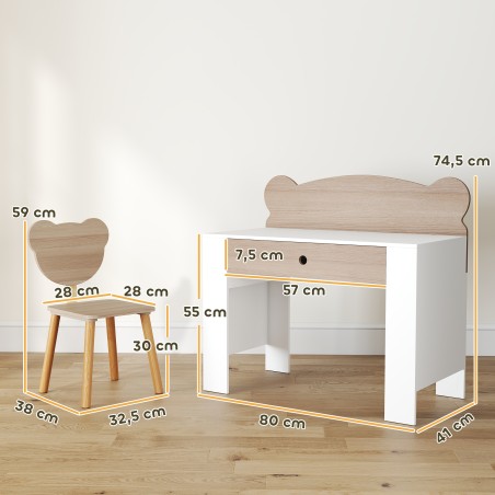 Laste lauakomplekt karukujulise laua ja tooliga, sahtel, naturaalne puit, 3–8 aastat