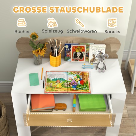 Laste lauakomplekt karukujulise laua ja tooliga, sahtel, naturaalne puit, 3–8 aastat