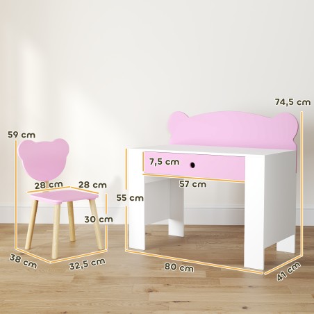Laste lauakomplekt karukujulise laua ja tooliga, sahtel, roosa, 3–8 aastat