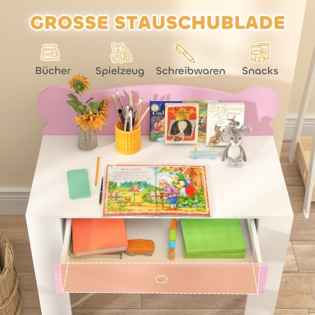 Laste lauakomplekt karukujulise laua ja tooliga, sahtel, roosa, 3–8 aastat