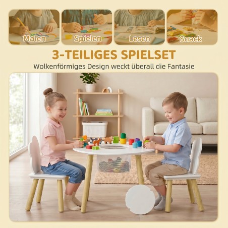 3-osaline lastemööbli komplekt: laud, toolid ja panipaik, valge ja naturaalne