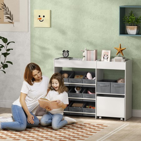 Laste hoiuriiul 11 riidest kasti ja ülemiste riiulitega, valge