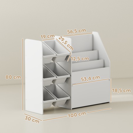 Mänguasjariiul 6 konteineri ja raamaturiiuliga, 100 × 30 × 80 cm, valge