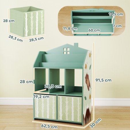 Roheline laste raamaturiiul 2 riidest sahtliga, 3–8-aastastele, 62,5 × 30 × 91,5 cm