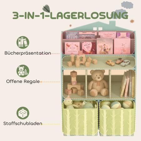 Roheline laste raamaturiiul 2 riidest sahtliga, 3–8-aastastele, 62,5 × 30 × 91,5 cm