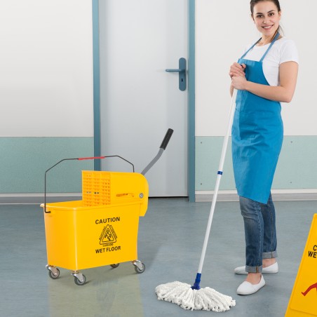20-liitrine ratastel mopikopp pressi ja käepidemega, plastik, kollane