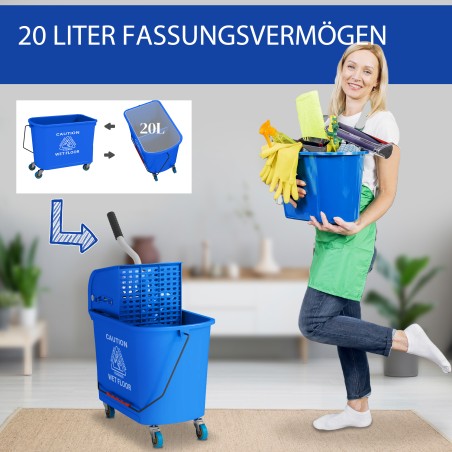 20-liitrine ratastel mopikopp koos pressi ja käepidemega, sinine