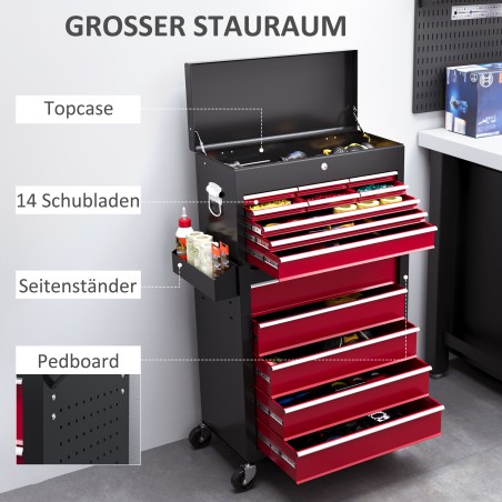 Tööriistakäru, kaheosaline, lukustatav, 14 sahtlit, perforeeritud sein, teras, punane