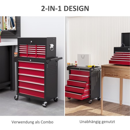 Tööriistakäru, kaheosaline, lukustatav, 14 sahtlit, perforeeritud sein, teras, punane