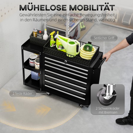 Tööriistakäru 7 eemaldatava sahtli, külgriiuli ja piduriga rattaga, must