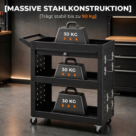 Tööriistakäru lukustatavate rataste, 3 tasandi, sahtli ja perforatsioonpaneelidega, must