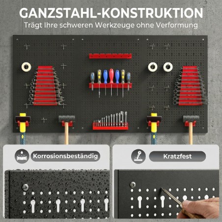 Seinale kinnitatav hoiuriiul 28 hoiukasti, konksude ja riiulitega, must-punane