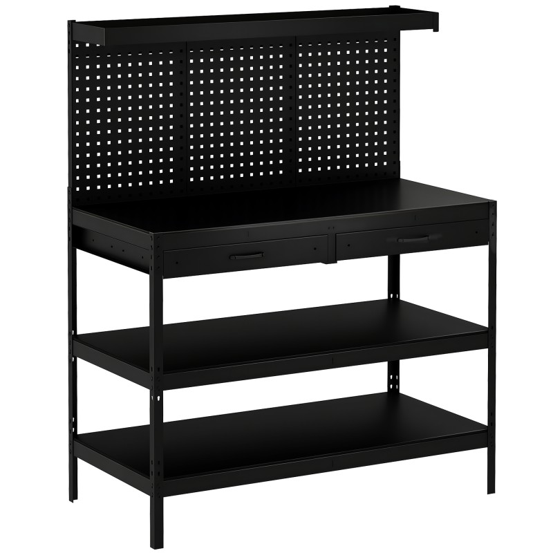 Tööjaam reguleeritavate riiulite, perforeeritud seina ja 2 sahtliga, 122 × 61 × 156 cm, must