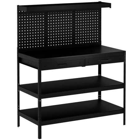 Tööjaam reguleeritavate riiulite, perforeeritud seina ja 2 sahtliga, 122 × 61 × 156 cm, must