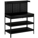 Tööjaam reguleeritavate riiulite, perforeeritud seina ja 2 sahtliga, 122 × 61 × 156 cm, must
