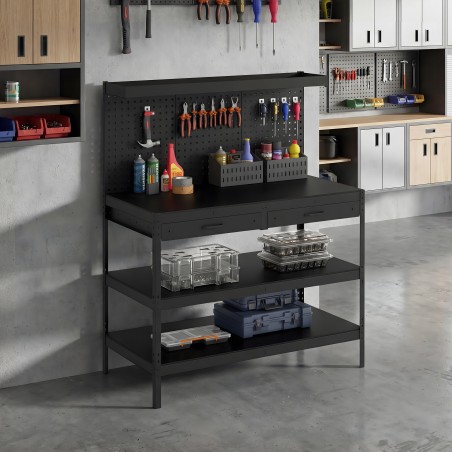 Tööjaam reguleeritavate riiulite, perforeeritud seina ja 2 sahtliga, 122 × 61 × 156 cm, must