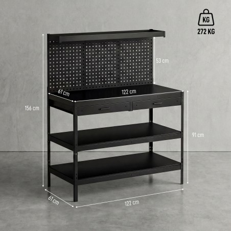 Tööjaam reguleeritavate riiulite, perforeeritud seina ja 2 sahtliga, 122 × 61 × 156 cm, must