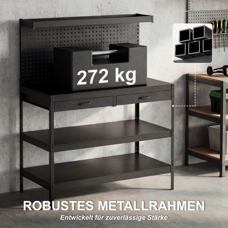 Tööjaam reguleeritavate riiulite, perforeeritud seina ja 2 sahtliga, 122 × 61 × 156 cm, must