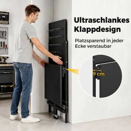 Kokkupandav ratastega tööpink perforeeritud seina ja konksudega
