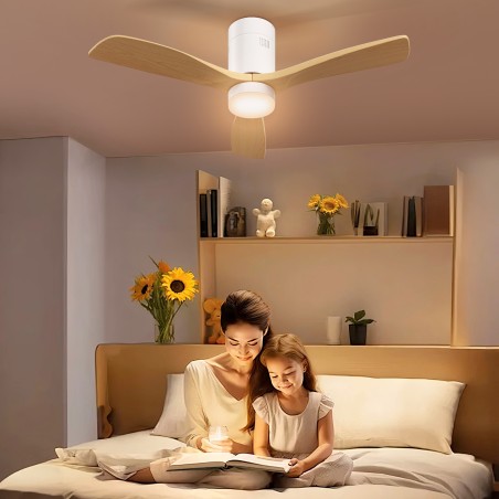 Laeventilaator LED-valgusti, 6 kiiruse ja kaugjuhtimispuldiga, helepruun