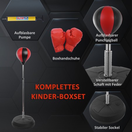 Reguleeritava kõrgusega poksitreeningkomplekt kinnaste ja pumbaga, punane