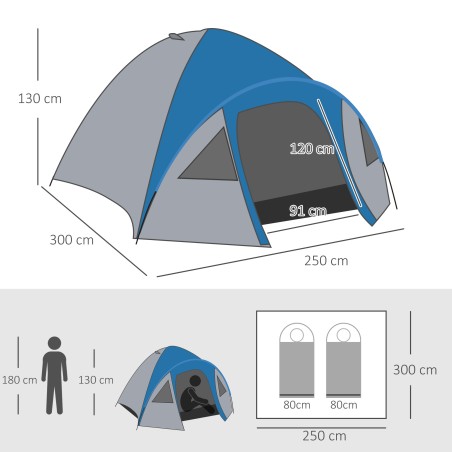 Neljakohaline aastaringseks kasutamiseks sobiv matkatelk, sinine-hall, 3 × 2,5 × 1,3 m