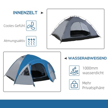 Neljakohaline aastaringseks kasutamiseks sobiv matkatelk, sinine-hall, 3 × 2,5 × 1,3 m