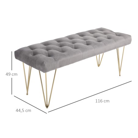 Polsterdatud pink sametise välimusega, metall, hall, 116 × 44,5 × 49 cm