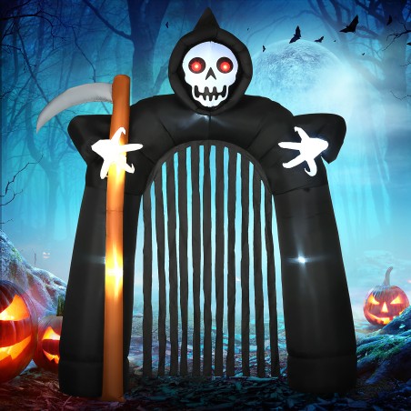 Täispuhutav Halloweeni aiakaunistus vikatiisanda kaarena LED-valgustusega, 2,85 m
