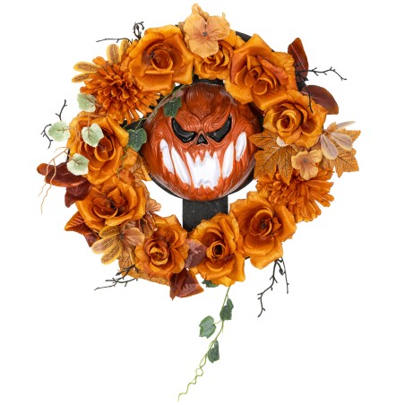 Halloweeni pärg hirmutava kõrvitsakujunduse ja valgusefektidega