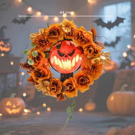 Halloweeni pärg hirmutava kõrvitsakujunduse ja valgusefektidega