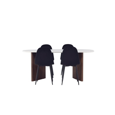 Grönvik söögilaud 180*75 - Mocca / valkjas Concretelook MDF + söögitool Polar - mustad jalad / must samet 