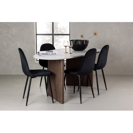Grönvik söögilaud 180*75 - Mocca / valkjas Concretelook MDF + söögitool Polar - mustad jalad / must samet 