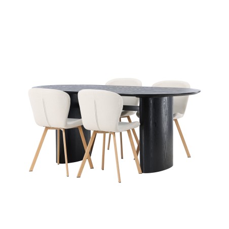 Söögilaud Isolde 180*75 - Must / Must MDF + Lilja söögitool - Oaklook / Beež kangas 