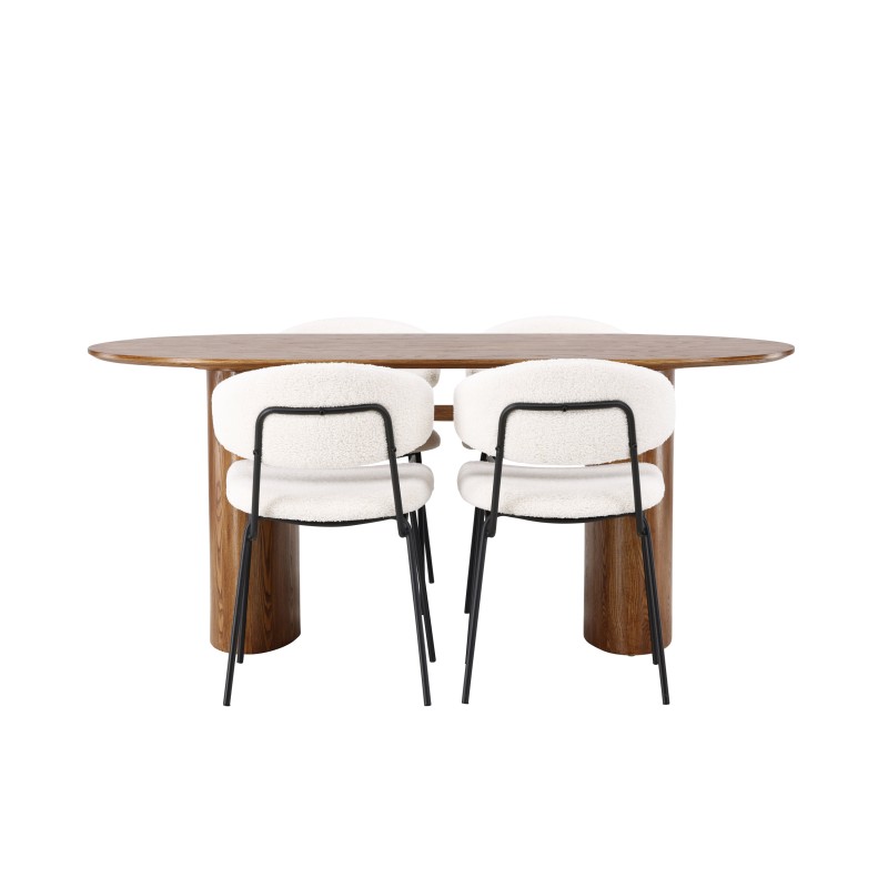 Isolde söögilaud 140*75 – loodus/loodus MDF + söögitool Chico – must/valge boucle 