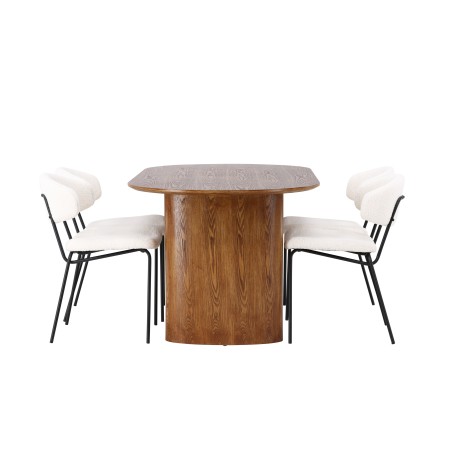 Isolde söögilaud 140*75 – loodus/loodus MDF + söögitool Chico – must/valge boucle 