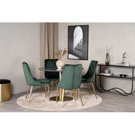 Estelle runt Matbord - Borstad Mässing / Svart marmor - ø106*H75+Velvet Lyx Matstol - Matt Mässing / Mossgrön Sammet