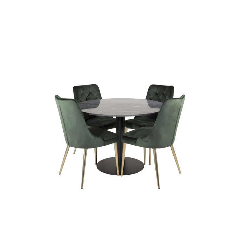 Estelle runt Matbord - Svart / Svart marmor - ø106*H75+Velvet Lyx Matstol - Matt Mässing / Mossgrön Sammet
