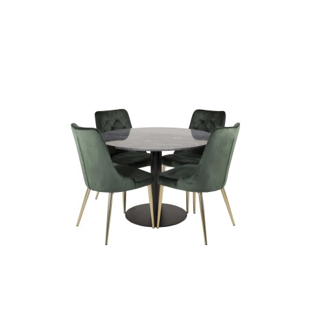 Estelle runt Matbord - Svart / Svart marmor - ø106*H75+Velvet Lyx Matstol - Matt Mässing / Mossgrön Sammet