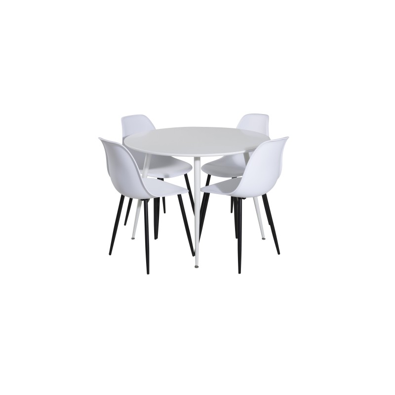 Plaza ümarlaud 100 cm - valge plaat / valged jalad + polaarplastist söögitool - mustad jalad / valge plastik